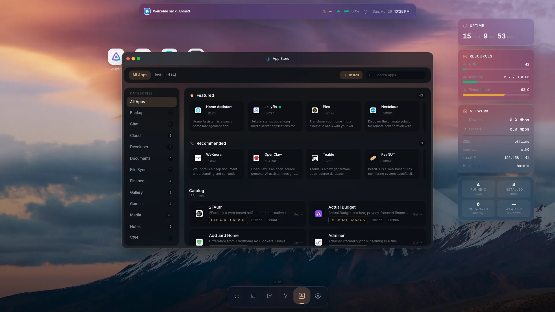 Homeio App Store showing self-hosted apps available to install