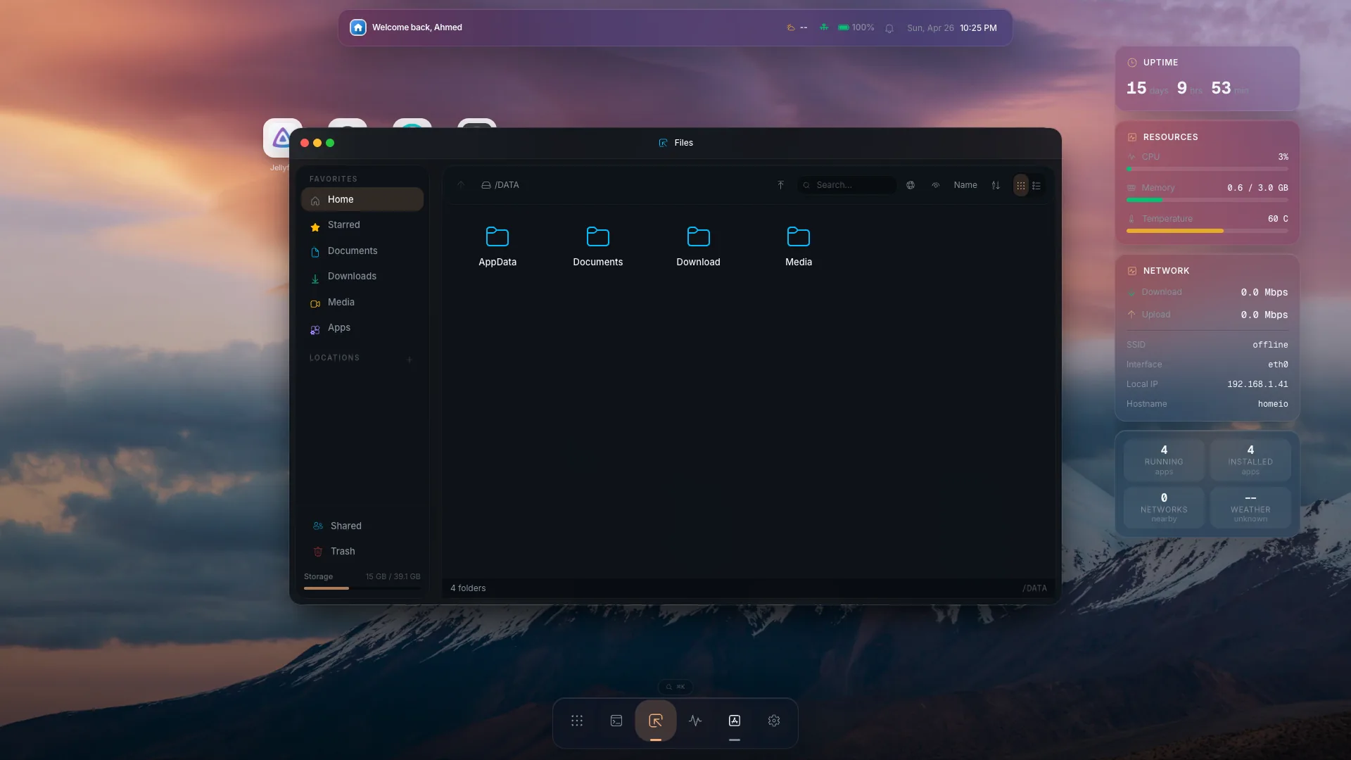 Homeio File Manager showing folders and file actions