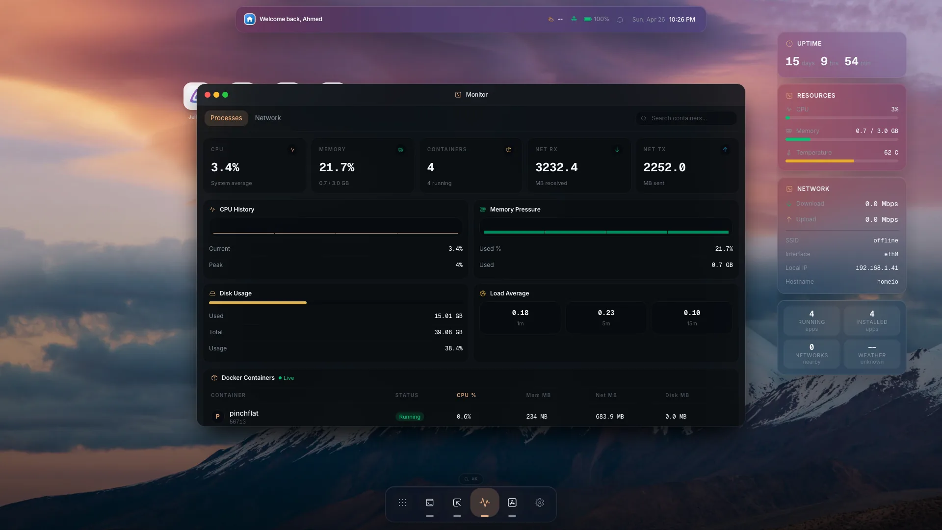 Homeio System Monitor showing CPU memory and disk metrics
