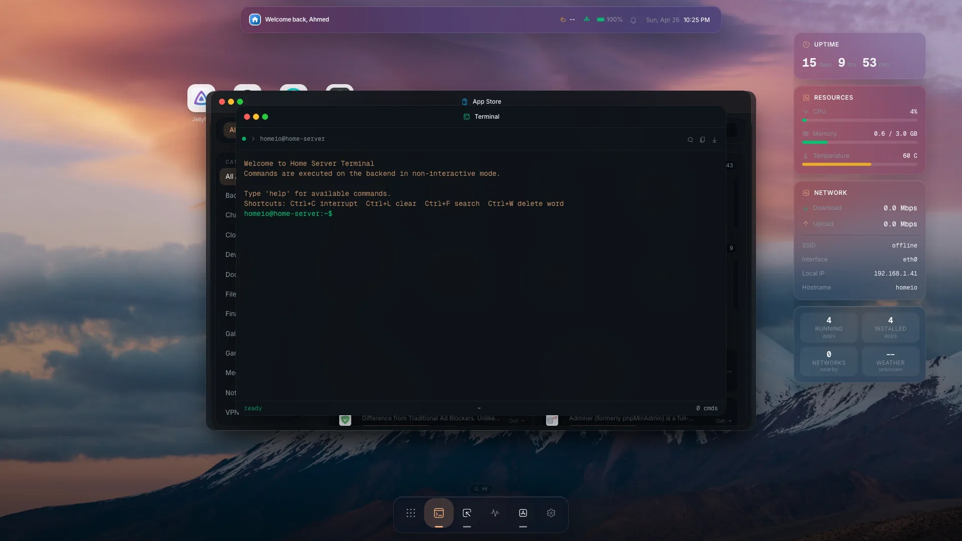 Homeio browser terminal running server commands